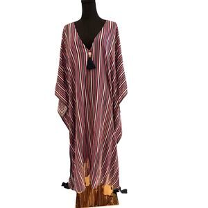 FIGUE Striped Kaftan Dress Tassel Tie Cotton Blend M/L